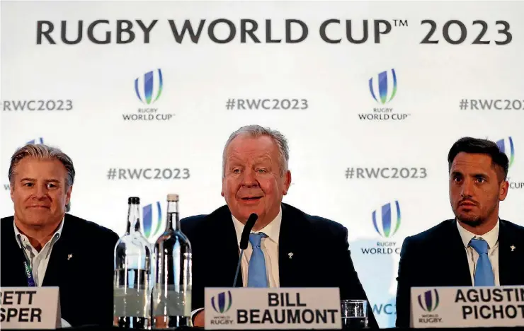  ??  ?? World Rugby bosses Brett Gosper, Bill Beaumont and Agustin Pichot preside over the Rugby World Cup debacle in London.