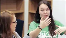  ??  ?? HOW TO REACT: Penn State University student Amber Morris, right, discusses with Stand for State programme director Katie Tenney about how to tackle sexual assault at colleges.