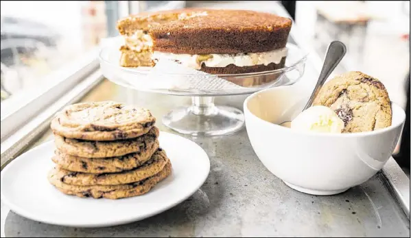  ?? MIA YAKEL. ?? Whole wheat double chocolate chip cookies, Buttermilk cake with Apple compote whipped creme fraiche, and Vanilla ice cream.