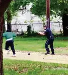  ??  ?? Der Tatort in North Charleston (oben). Ein Handy-Video (links) zeigt Schüsse auf den Flüchtende­n. Polizist Michael T. Slager (rechts) ist in Haft