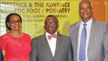  ?? PHOTO: FMOH ?? L-R: Chairperso­n, Local Organising Committee, Diabetes Foot Conference, Prof. Felicia Anumah; Minister of Health, Prof. Isaac Adewole; and President, Associatio­n of Reproducti­ve Health, Prof. Oladipo Ladipo, during the 4th Pan- African Diabetic Foot Study Group Conference in Abuja...recently