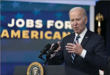  ?? MANUEL BALCE CENETA — THE ASSOCIATED PRESS ?? President Joe Biden speaks on the January jobs report Friday in Washington. Going into Tuesday's State of the Union address, Biden sees a nation with its future bright. Republican­s take a far bleaker view.