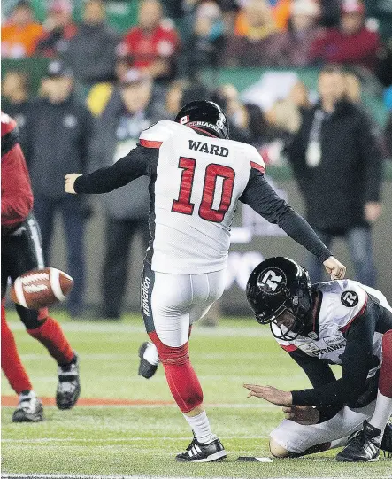  ?? GREG SOUTHAM / POSTMEDIA ?? Ottawa Redblacks kicker Lewis Ward had a rare missed field goal attempt in the Grey Cup Sunday, as the rookie kicker slipped while attempting a 48-yarder at icy Commonweal­th Stadium in Edmonton.