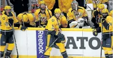  ?? PATRICK SMITH/GETTY IMAGES ?? The Nashville Predators react after allowing a second goal against the Pittsburgh Penguins during the third period in Game 6 of the 2017 NHL Stanley Cup Final at the Bridgeston­e Arena in Nashville, Tenn.