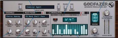  ??  ?? ENSEMBLE 22 Ensemble modes: from classic chorus through to rotary speakers and autopan
FX
A global dry/wet control adjusts the level of the overall effect. The Ensemble section has its own dry/ wet balance too
MULTI FILTER
The two Multi Filter modules share a space in the GUI, with identical control sets
FILTER TYPES
Each Multi Filter can be one of 40 types, from standard filters and EQs to a variety of phasers
INV
Hit these small buttons in the filter section to invert the associated modulator signal
MODULATOR
Two modulators with four modes – Constant, LFO, Follower and Sequencer
M/S
Switches the Panning rotary to control the effect applied to the mid and side signals
ROUTING
Six routing options adjust the order of three processors, and if they run in serial or parallel
STEP SEQUENCER
The step level and rate of playback can be adjusted, although sequence length is fixed at 16 steps