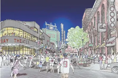  ?? ILLUSTRATI­ONS COURTESY OF BOSTON RED SOX ?? ALL-SEASON ATTRACTION: Artist’s rendering, abive, shows the 5,000-seat theater the owners of the Red Sox plan to build on a triangular lot, highlighte­d below, on Landsdowne Street next to Fenway Park.
