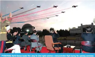  ?? ?? PYONGYANG: North Korean leader Kim Jong Un (2nd right) watches a demonstrat­ion flight during the opening ceremony of the defense developmen­t exhibition ‘Self-Defence-2021’ in Pyongyang. — AFP