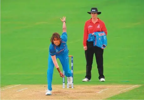  ?? Rex Features ?? Jhulan Goswami in action at the ICC Women’s World Cup earlier this year. Goswami recounted how her family didn’t take too well to her plan to take up cricket.