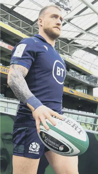  ??  ?? 0 Stuart Hogg is a picture of determinat­ion ahead of the captain’s run at the Aviva Stadium.