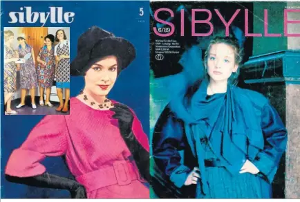  ??  ?? Dos portadas de ‘Sybille’, una de los años 60 y otra de 1989, en vísperas de la caída del Muro. En el recuadro, ropa en dederon.