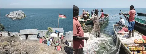  ?? — AFP photos ?? A Kenyan flag is seen at the base of Kenyan marine police on Usingo island overlookin­g Migingo island. (Right) Fishermen preparing their nets on Migingo island which is densely populated by residents fishing mainly for Nile perch in Lake Victoria on the border of Uganda and Kenya.