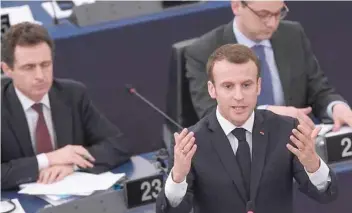  ?? — AFP ?? President Emmanuel Macron speaks before the European Parliament on Tuesday in the eastern French city of Strasbourg.