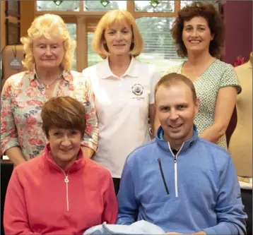  ??  ?? The PGA tankard in New Ross, sponsroed by the Pro Shop. Back (from left): Breda McManus (Senior winner), Marguerite Sutton (lady Vice-Captain), Mary J. Maher (third). Front (from left): Teenie Murphy, collecting for winner Bernie Murphy, and James Rowe...