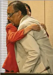  ?? RALPH BARRERA / AMERICAN-STATESMAN ?? Texas House Urban Affairs Chair Carol Alvarado hugs state Rep. Joe Deshotel, who hails from Beaumont, hit hard by Harvey. The panel had a public hearing Thursday on housing shortages after Harvey.