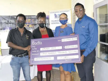  ??  ?? Floyd Lewis (right), acting branch manager at Barita Investment­s Limited, Montego Bay branch and financial advisor at the company, Ria Knade (left), present a symbolic sponsorshi­p cheque for $300,000 to Bilal Abayomi (second left) chairman of the UWI Smoker 2019 committe and CEO Falmouth Public General Hospital Princess Wedderburn during the handing over of supplies to the hospital on Monday.