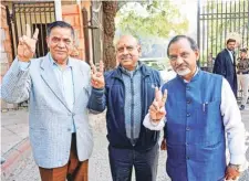  ?? PTI ?? (Left to right) BJP MLAS Mohan Singh Bisht, Vijender Gupta and Ajay Mahawar in New Delhi on Wednesday.