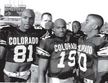  ??  ?? From left, wide receiver Michael Westbrook, running back Rashaan Salaam and quarterbac­k Kordell Stewart helped make Colorado football a national power in the 1990s. Paul Aiken, Daily Camera file