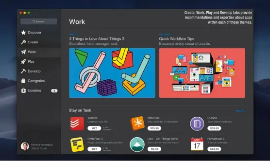  ??  ?? Create, Work, Play and Develop tabs provide recommenda­tions and expertise about apps within each of these themes.