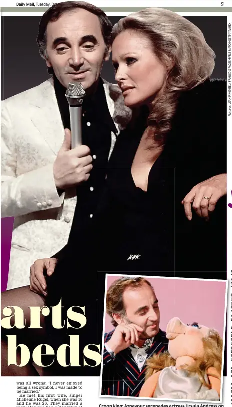  ??  ?? Croon king: Aznavour serenades actress Ursula Andress on a French TV show and, inset, with The Muppets’ Miss Piggy