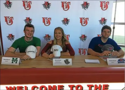  ?? JOHN BREWER - ONEIDA DAILY DISPATCH ?? From left, Davey Moffett, Olivia Evans, and Andrew Roden try out their soon-to-be new team colors during Wednesday’s national letter of intent signing at Vernon-Verona-Sherrill High School.