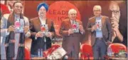  ?? SANJEEV VERMA/HT PHOTO ?? From left: Janata Dal (United) leader Pavan K Varma, housing and urban affairs minister Hardeep Singh Puri, Congress leader Kapil Sibal and journalist Rajdeep Sardesai release Kuldip Nayar's last book, in New Delhi on Friday.