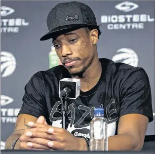  ?? CP PHOTO ?? Toronto Raptors’ Demar Derozan during Tuesday’s press conference at the Biosteel Centre in Toronto.