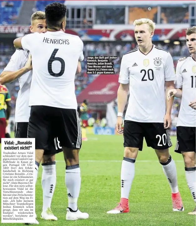  ??  ?? Junge, das läuft gut! Joshua Kimmich, Benjamin Henrichs, Julian Brandt, Timo Werner und Amin Younes (v.l.) feiern nach dem 3:1 gegen Kamerun.