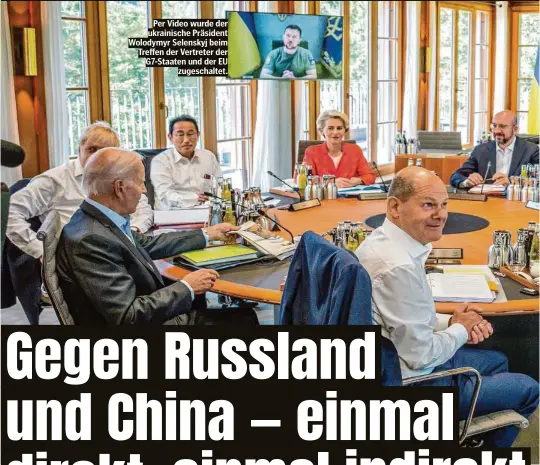  ?? ?? Per Video wurde der ukrainisch­e Präsident Wolodymyr Selenskyj beim Treffen der Vertreter der G7-Staaten und der EU zugeschalt­et.