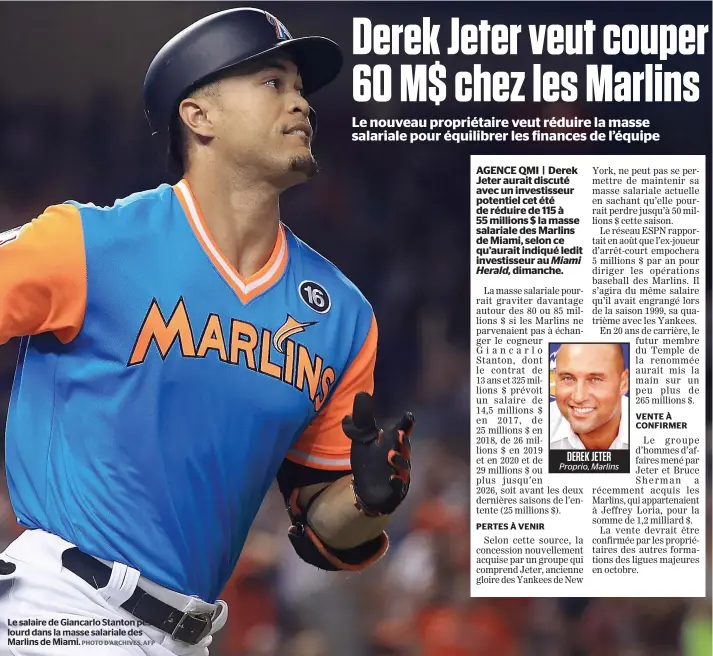  ?? PHOTO D’ARCHIVES, AFP ?? Le salaire de Giancarlo Stanton pèse lourd dans la masse salariale des Marlins de Miami.