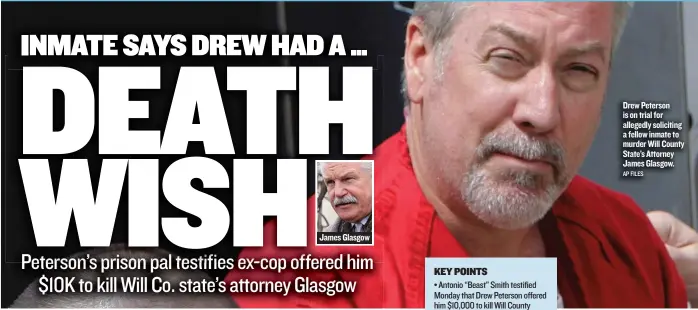  ?? AP FILES ?? James Glasgow Drew Peterson is on trial for allegedly soliciting a fellow inmate to murder Will County State’s Attorney James Glasgow.