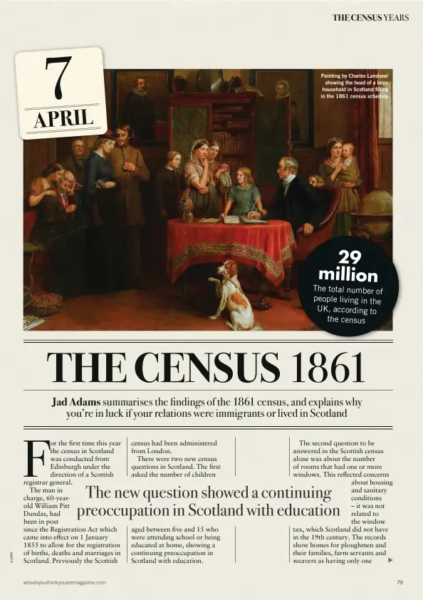  ??  ?? whodoyouth­inkyouarem­agazine.com
Painting by Charles Landseer showing the head of a large household in Scotland filling in the 1861 census schedule