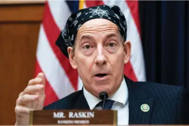  ?? AP PHOTO/J. SCOTT APPLEWHITE ?? Rep. Jamie Raskin of Maryland, the top Democrat on the House Oversight and Accountabi­lity Committee, offers amendments to the operating rules of the panel during an organizati­onal meeting Tuesday for the 118th Congress, at the Capitol in Washington.