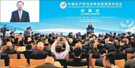  ?? FENG YONGBIN / CHINA DAILY ?? State Councilor Yang Jiechi, a member of the CPC Central Committee Political Bureau, addresses delegates to an internatio­nal seminar in Beijing at its closing session on Sunday.