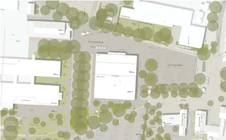  ?? FOTO: LOHRER .HOCHREIN GMBH ?? Die Pläne für die neue Sporthalle (Mitte) und den Festplatz (oben und rechts) von oben gesehen. Die Grafik zeigt auch, dass die Jahnstraße teilweise verschwind­en soll, weil die Halle auf der Trasse steht, und wo überall Grün geplant ist.