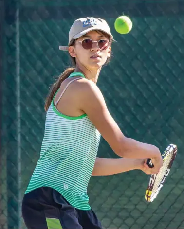  ?? Cory Rubin/The Signal (See additional photos on signalscv.com) ?? Canyon’s Amber Kashay returns a volley in a matchup with Golden Valley at Canyon High School Tuesday afternoon. Kashay, Canyon’s No. 1 singles player, won all three of her sets against the Grizzlies on Tuesday.