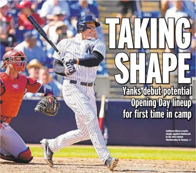  ?? AP ?? Anthony Rizzo cracks single against Nationals in his 2023 debut Wednesday in Tampa.