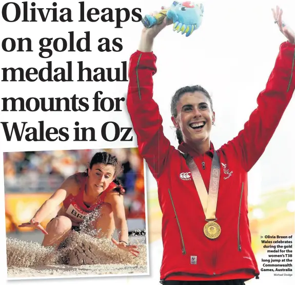 ?? Michael Dodge ?? > Olivia Breen of Wales celebrates during the gold medal for the women’s T38 long jump at the Commonweal­th Games, Australia