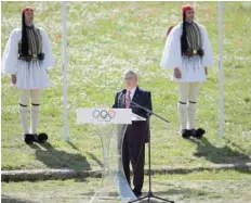  ?? — Reuters ?? President of the Internatio­nal Olympic Committee Thomas Bach speaks during the Olympic torch lighting ceremony in Athens for Tokyo 2020 Games.