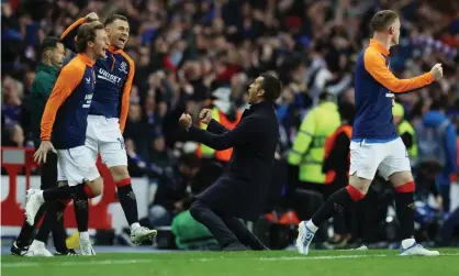  ?? ?? Giovanni van Bronckhors­t (centre) celebrates at the final whistle as Rangers are confirmed in the Europa League final. Photograph: Ian MacNicol/Getty Images