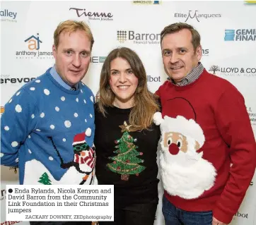  ?? Enda Rylands, Nicola Kenyon and David Barron from the Community Link Foundation in their Christmas jumpers ZACKARY DOWNEY, ZEDphotogr­aphy ??