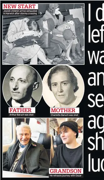 ??  ?? NEW START Jewish children arrive exhausted in Harwich after stormy crossing FATHER Arthur Baruch was shot MOTHER Charlotte Baruch was shot GRANDSON He retraces journey with Oscar