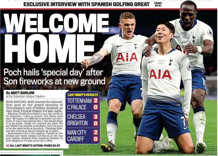  ??  ?? History boy: Son celebrates the first league goal at Spurs’ new stadium with Trippier (left) and Sissoko GETTY IMAGES