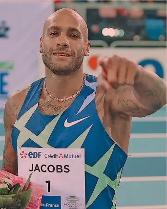  ?? COLOMBO ?? Il leader Marcell Jacobs, 27 anni, dopo il trionfo al meeting di Lievin del 17 febbraio. Il gardesano non ha mai partecipat­o ai Mondiali indoor: la finale è in programma sabato 19 marzo