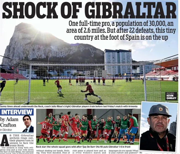  ??  ?? Sunny times ahead: underneath the Rock, coach Julio Ribas’s (right) Gibraltar players train before last Friday’s match with Armenia Rock star: the whole squad goes wild after Tjay De Barr (No 19) puts Gibraltar 1-0 in front
