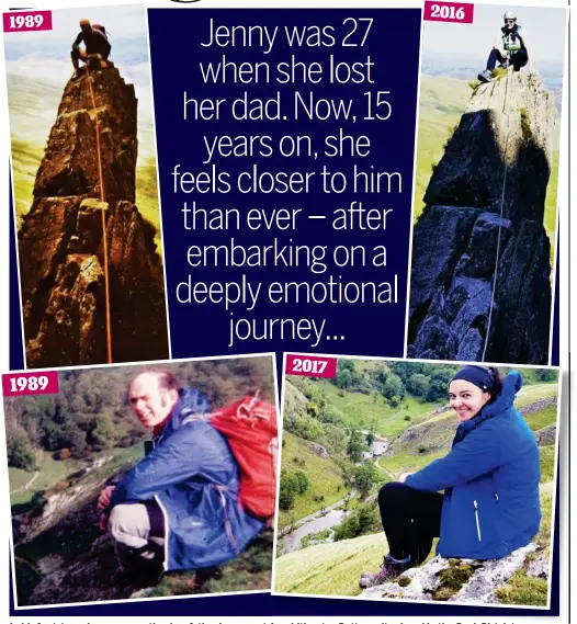  ??  ?? In his footsteps: Jenny recreating her father’s poses at Amphitheat­re Buttress (top) and in the Peak District 2016