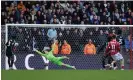  ?? ?? Anis Mehmeti fires the only goal of the game past Mads Hermansen in the Leicester goal. Photograph: Ryan Hiscott/Getty Images