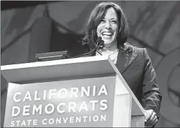  ?? JEFF CHIU/AP ?? Democratic presidenti­al candidate Sen. Kamala Harris, D-Calif., speaks Saturday during the 2019 California Democratic Party State Organizing Convention in San Francisco.