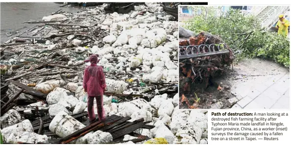  ?? — Reuters ?? Path of destructio­n: A man looking at a destroyed fish farming facility after Typhoon Maria made landfall in Ningde, Fujian province, China, as a worker (inset) surveys the damage caused by a fallen tree on a street in Taipei.