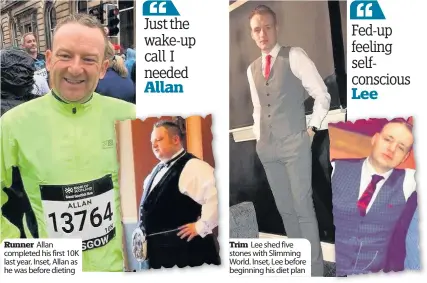  ??  ?? Runner Allan completed his first 10K last year. Inset, Allan as he was before dieting Trim Lee shed five stones with Slimming World. Inset, Lee before beginning his diet plan