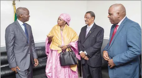  ??  ?? L-R: Minister of Power, Works and Housing, Mr. Babatunde Fashola; Minister of Energy, Republic of Niger, Hon. Amina Moumouni; Ambassador, Republic of Niger to Nigeria, Mr. Alat Mogaskia; and an interprete­r during a courtesy visit to the minister’s...